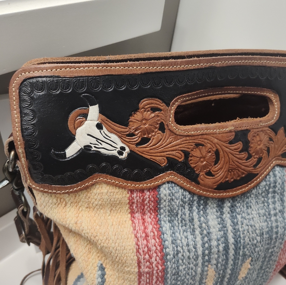 GUC Myra Bag Blue Stream Hand Tooled Fringe Crossbody Hand Carry Bag, Gorgeous - Picture 7 of 16